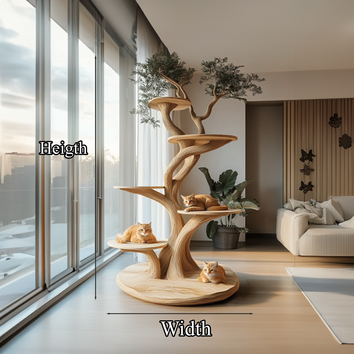 Wooden Cat Tree Tower, Large Modern Climbing Tree in Solid Wood