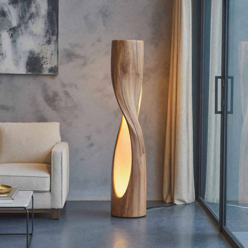 Twisted Floor Lamp, Sculptural Carved Wood Standing Lamp for Bedroom