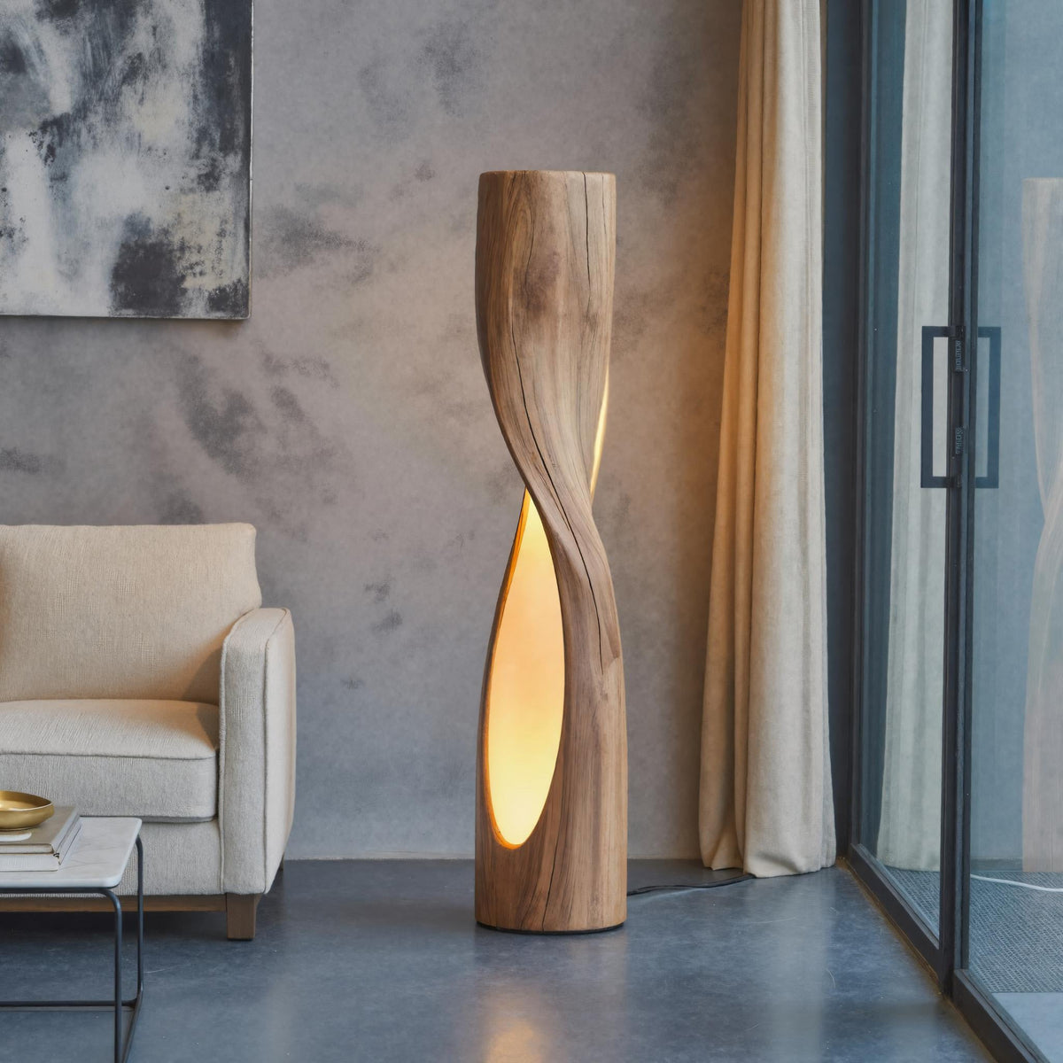 Twisted Floor Lamp, Sculptural Carved Wood Standing Lamp for Bedroom