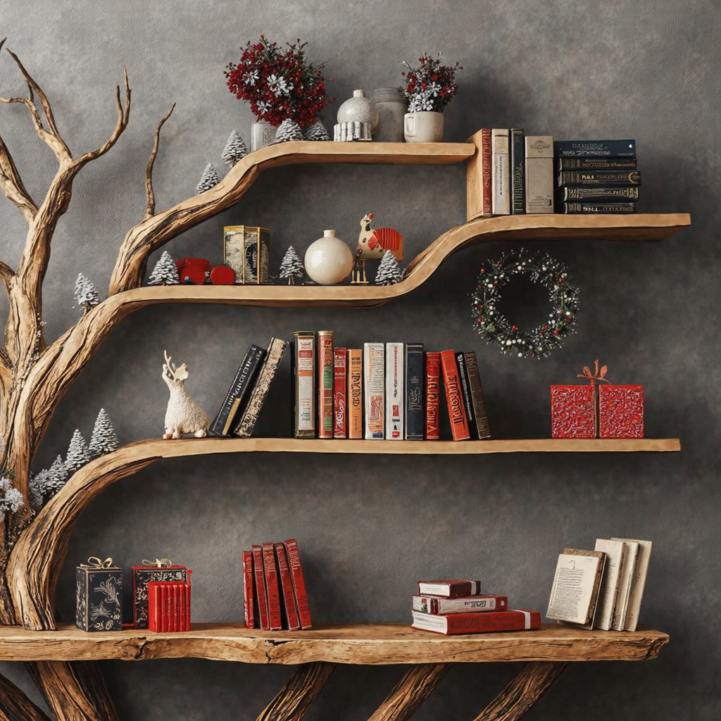 Live Edge Console Table with Tree Bookshelf, 2-in-1 Solid Wood