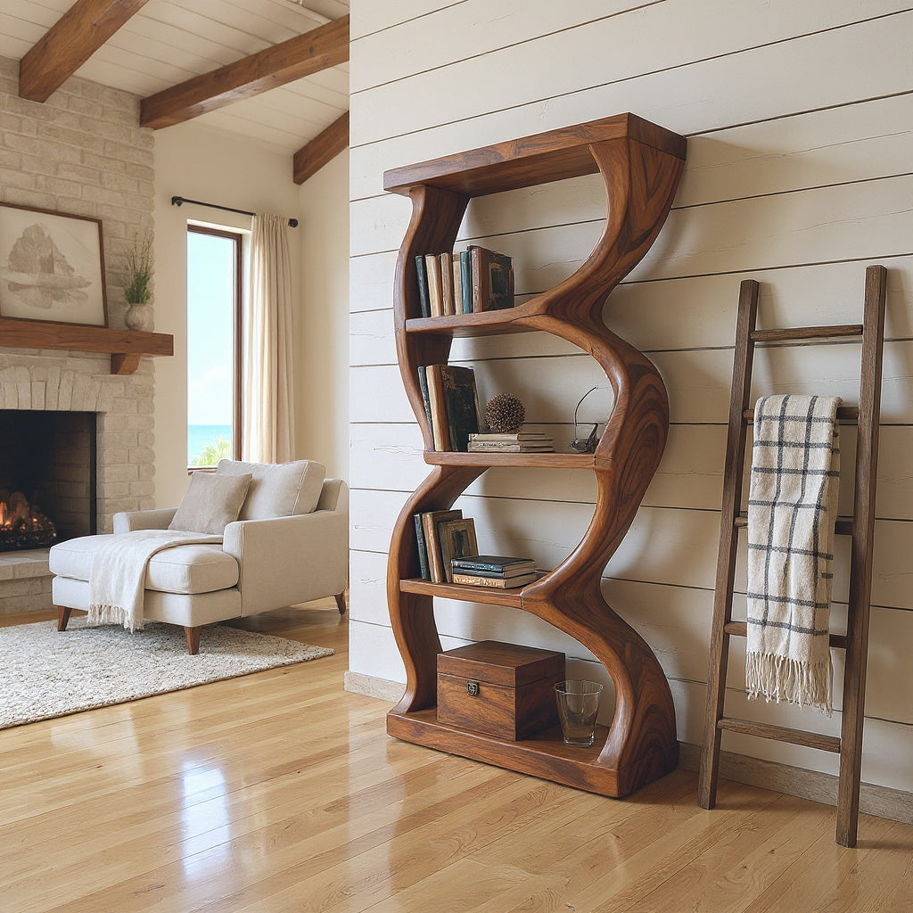 Coastal Inspired Curved Wooden Bookcase With Organic Form