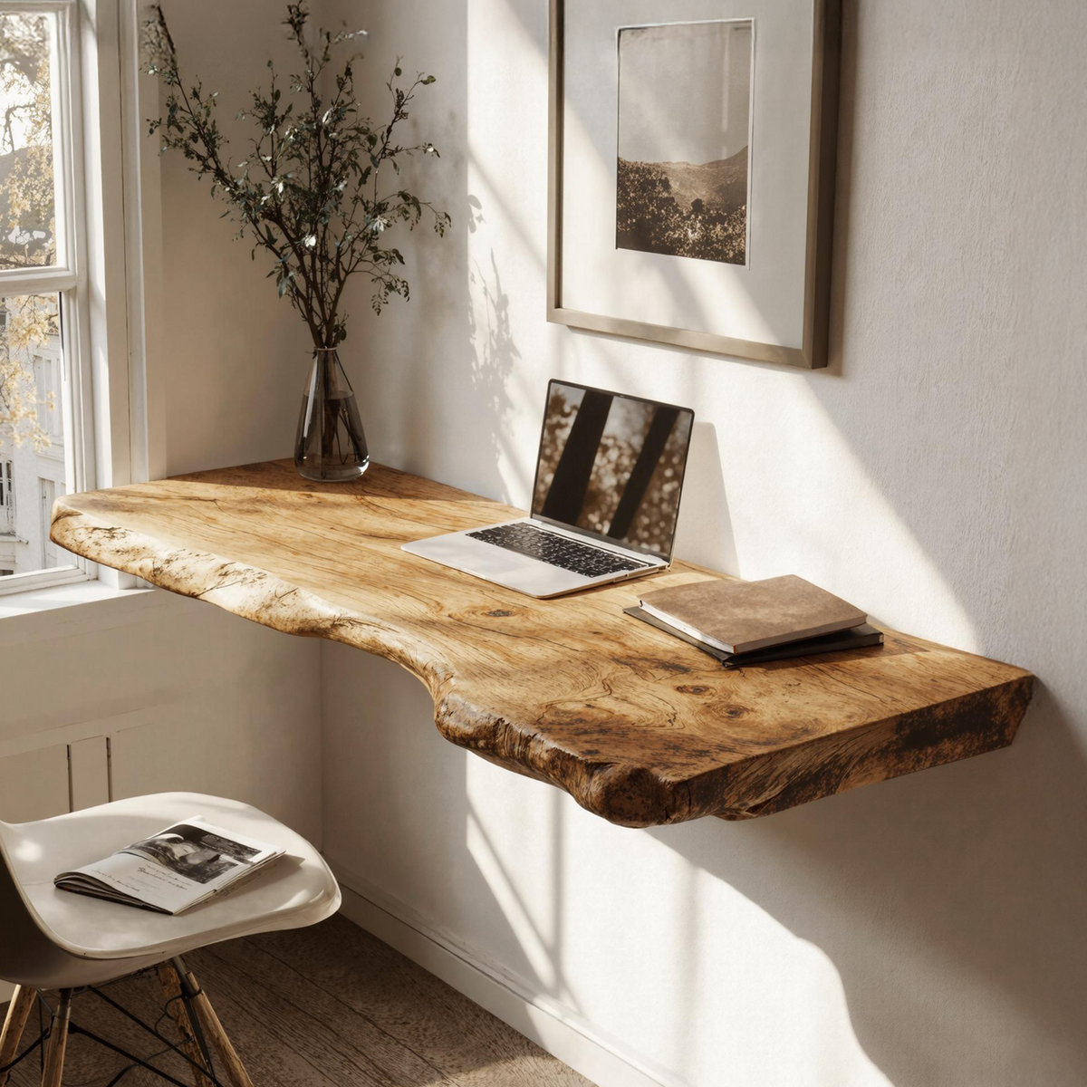 Floating Desk, Wall-Mounted Solid Wood Workspace for Small Rooms