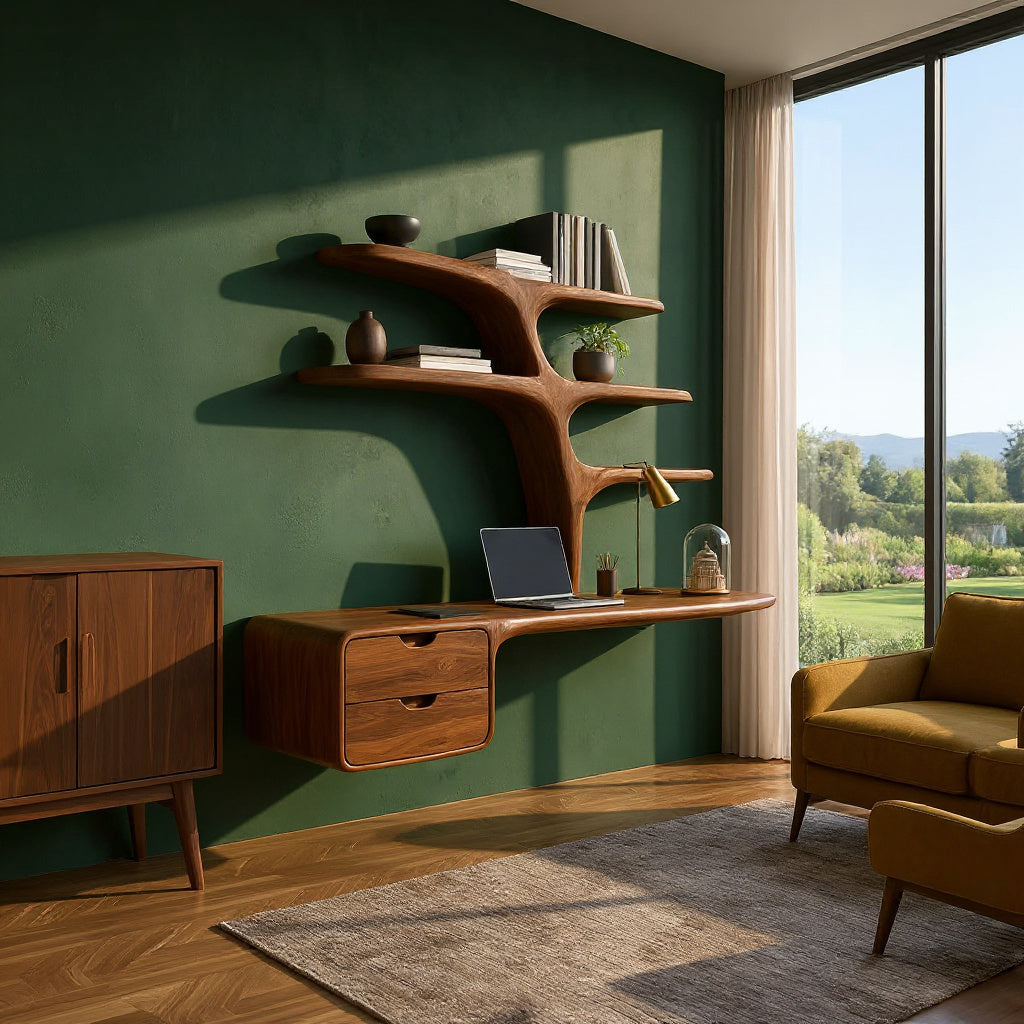 Contemporary Floating Desk Tree Form Bookshelf And Drawer For