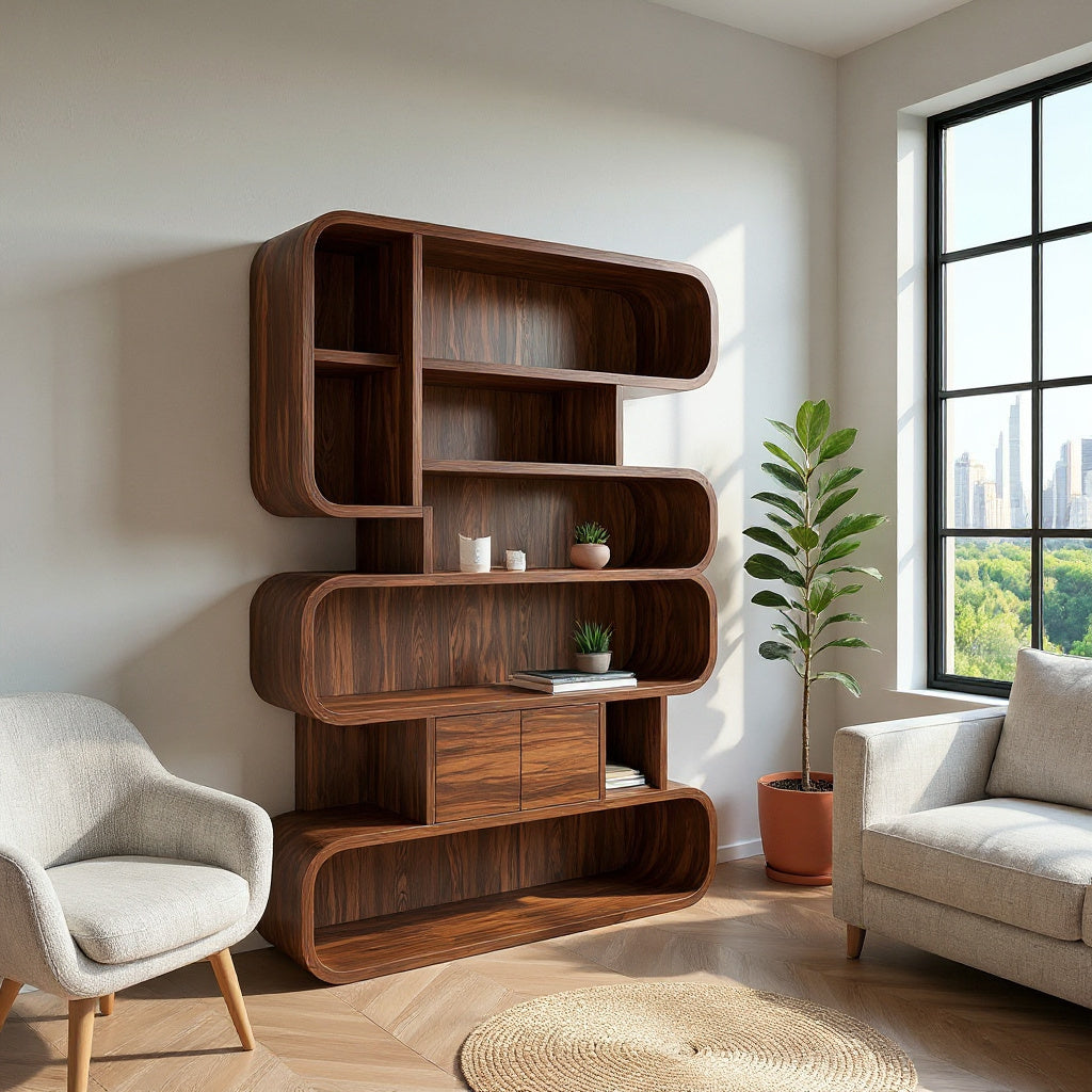 Contemporary Natural Wood Bookshelf With Rounded Form For Home