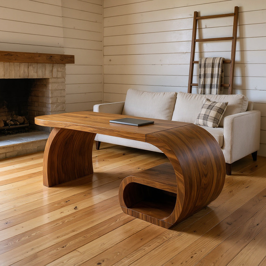 Contemporary Sculpted Desk With Side Shelf For Studio Interior