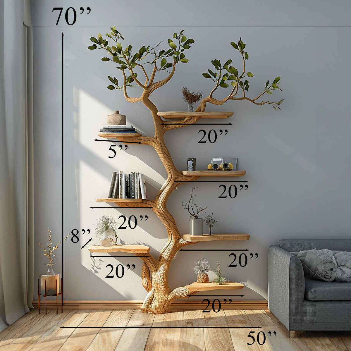 Mulberry Wood Tree Bookshelf, Artistic Wall Decor for Bedroom