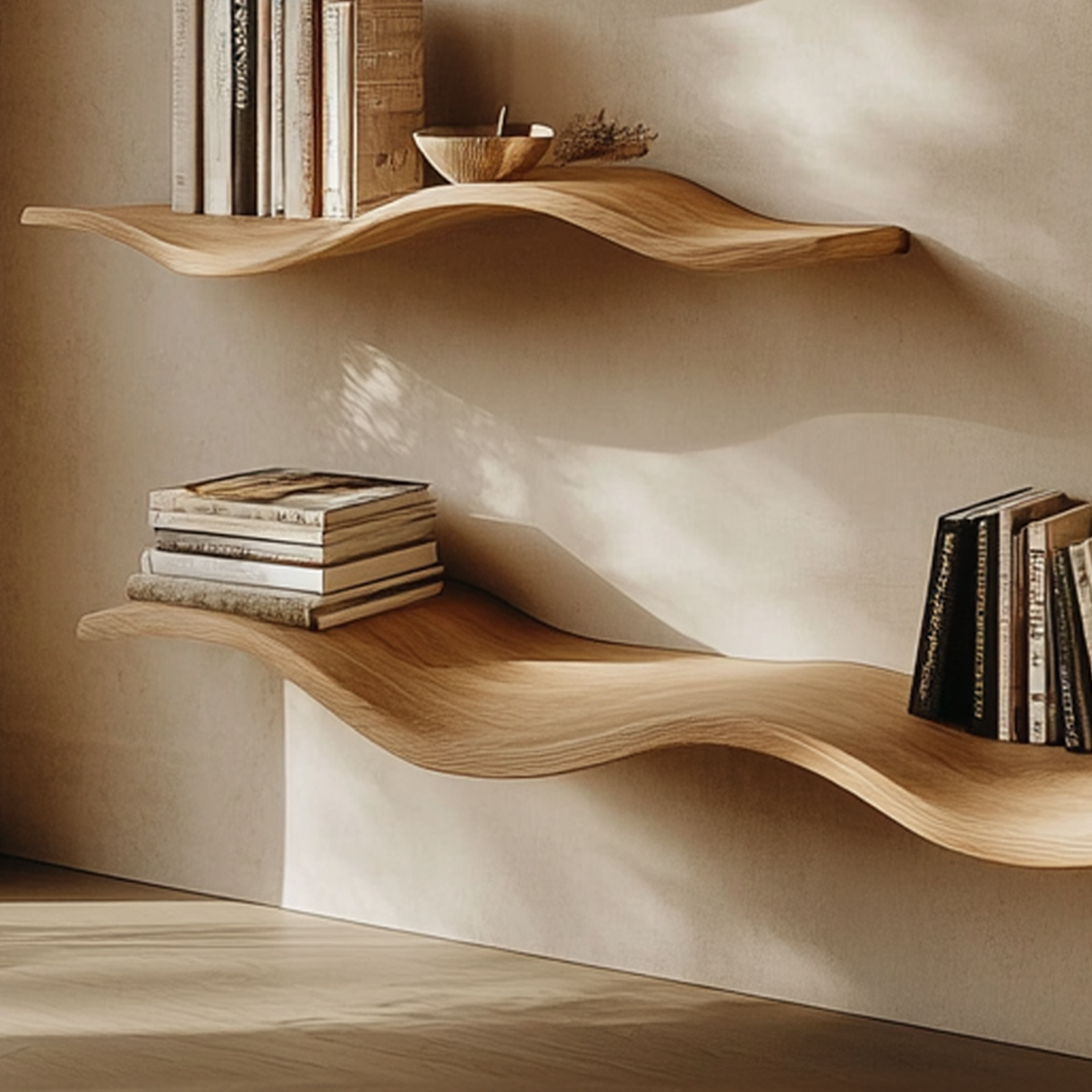 Custom Wavy Floating Shelves, Natural Wood Wall Shelf for Living Room