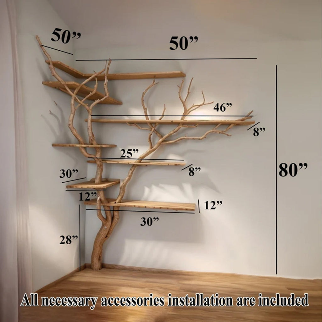 Driftwood Tree Bookshelf, Wall Mounted Live Edge Corner Branch Shelf