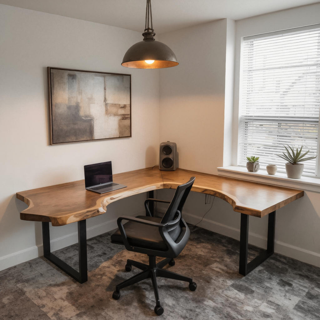 Live Edge L-Shaped Desk, Solid Wood Corner Desk With Metal Legs