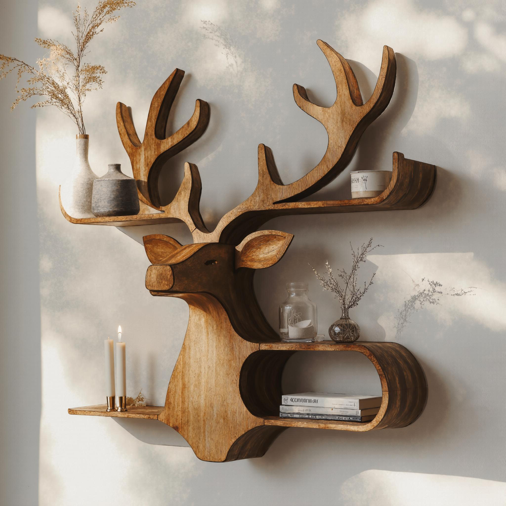 Farmhouse Wooden Deer Shelf For Rustic Wall Display