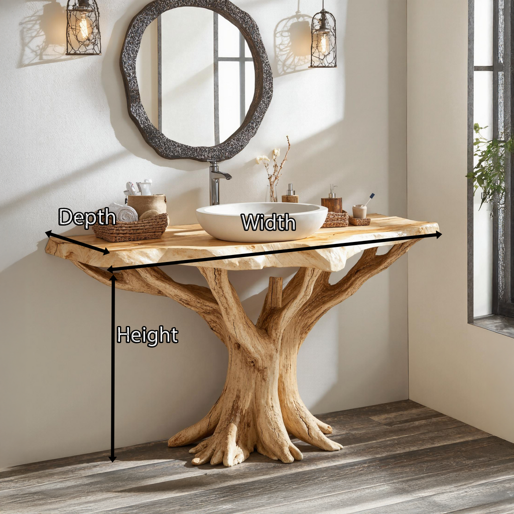 Live Edge Bathroom Vanity With Natural Tree Base, Rustic Wood