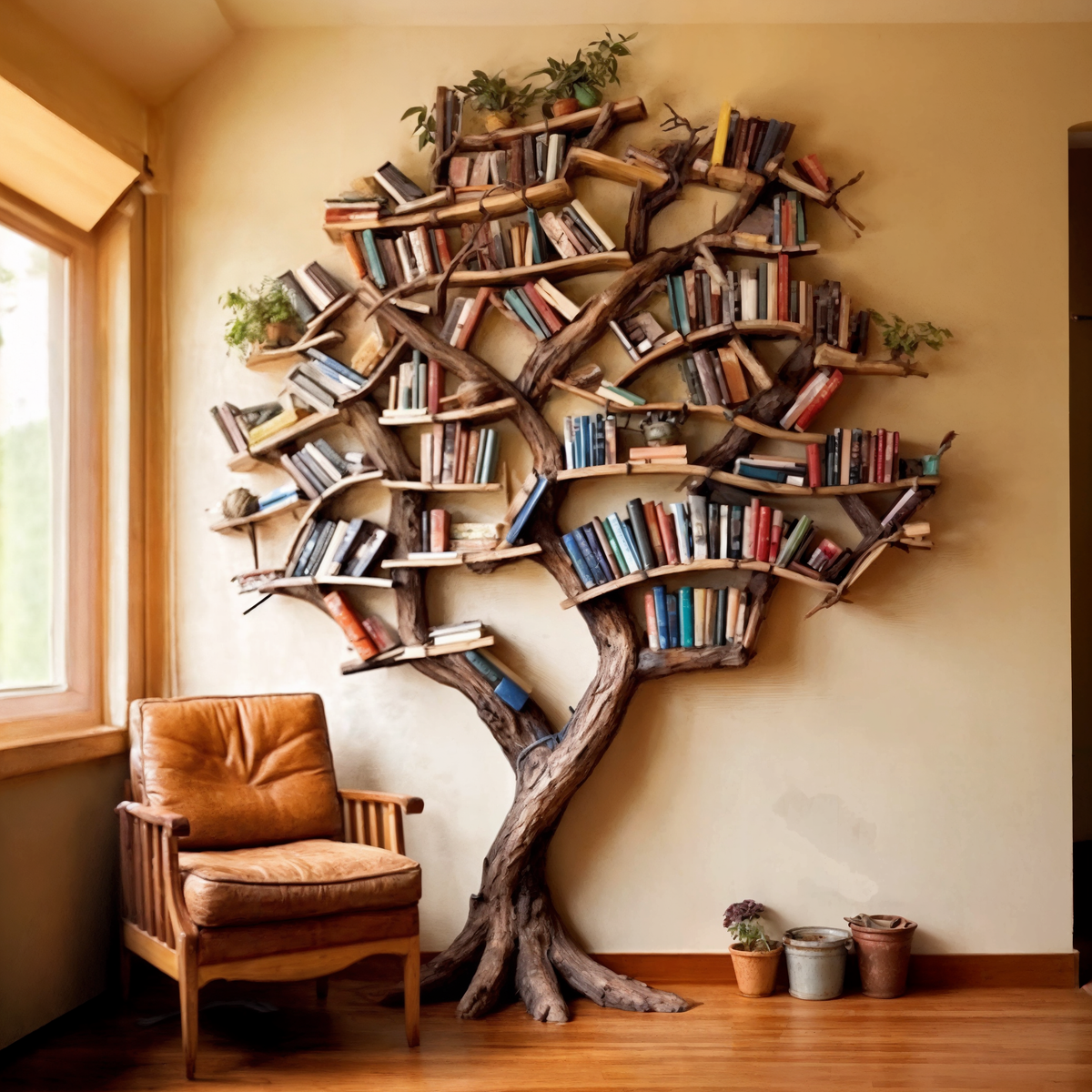 Tree Branch Bookshelf, Floating Solid Wood Wall Shelf Art