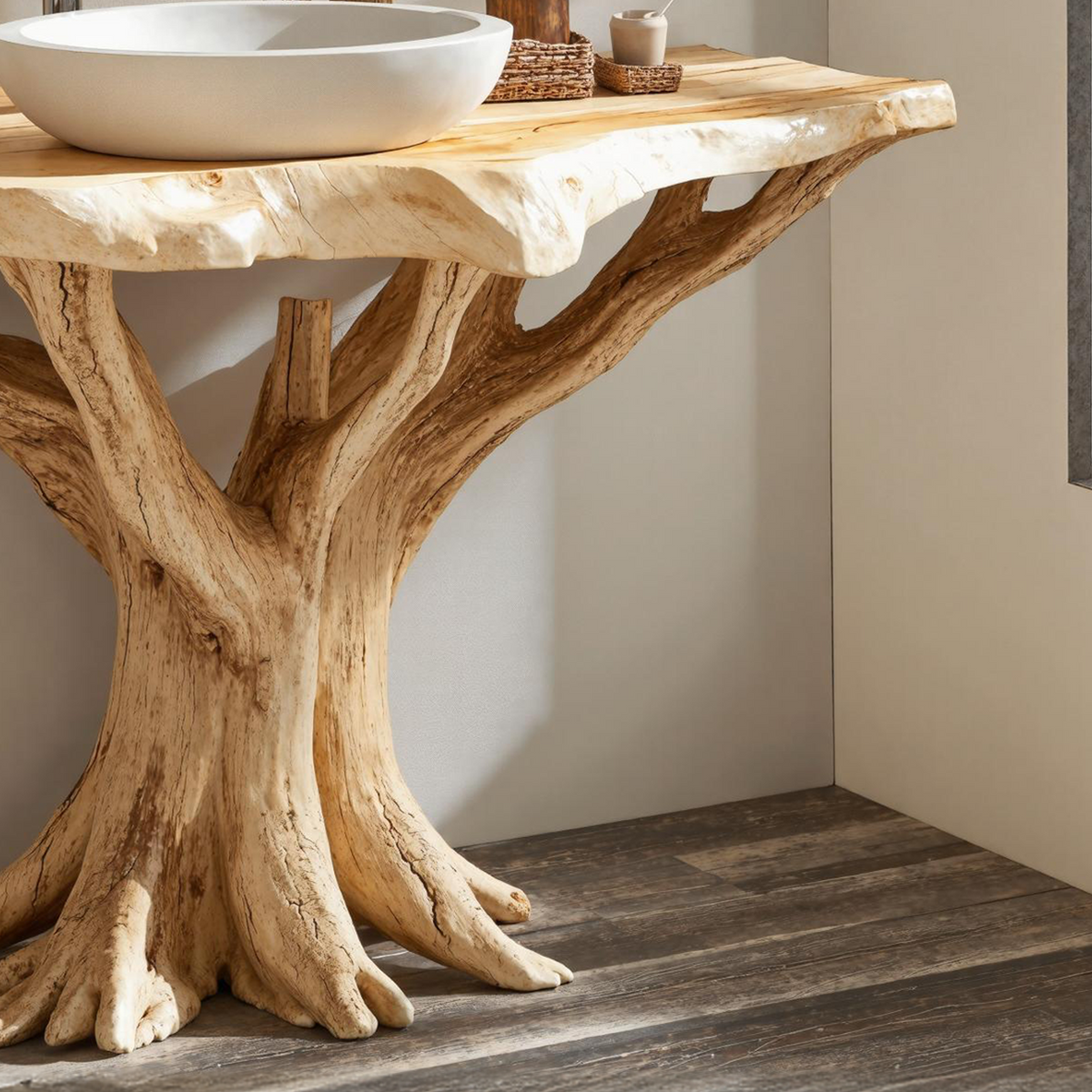 Live Edge Bathroom Vanity With Natural Tree Base, Rustic Wood
