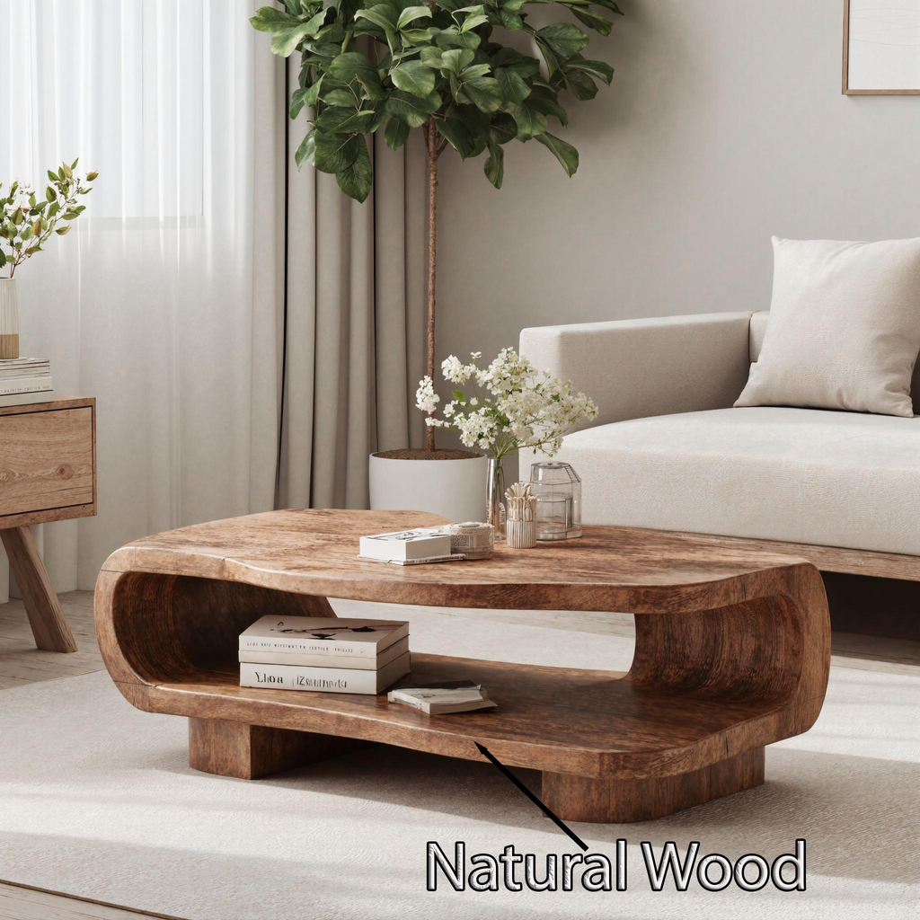 Farmhouse Coffee Table, Low Solid Wood Centerpiece in Warm Brown