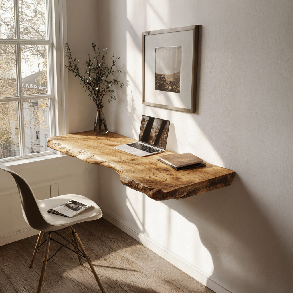 Floating Desk, Wall-Mounted Solid Wood Workspace for Small Rooms