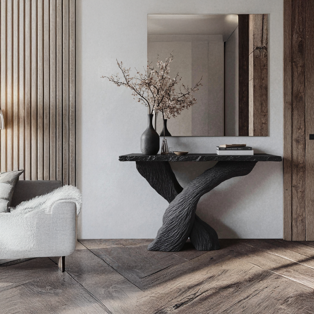 Black Console Table, Mid Century Modern Solid Wood Hallway Table