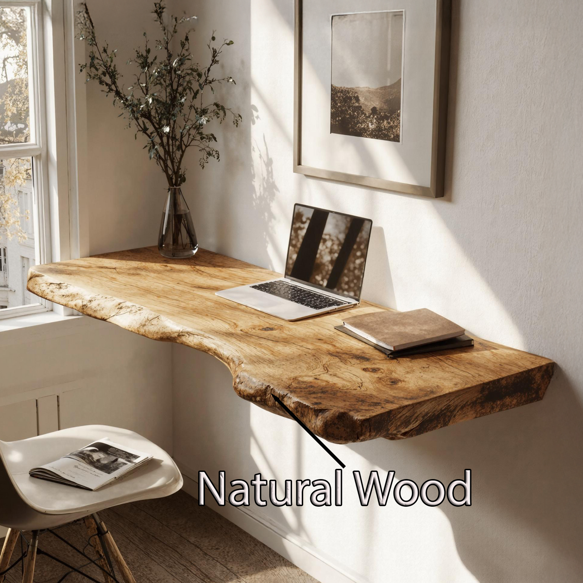 Floating Desk, Wall-Mounted Solid Wood Workspace for Small Rooms