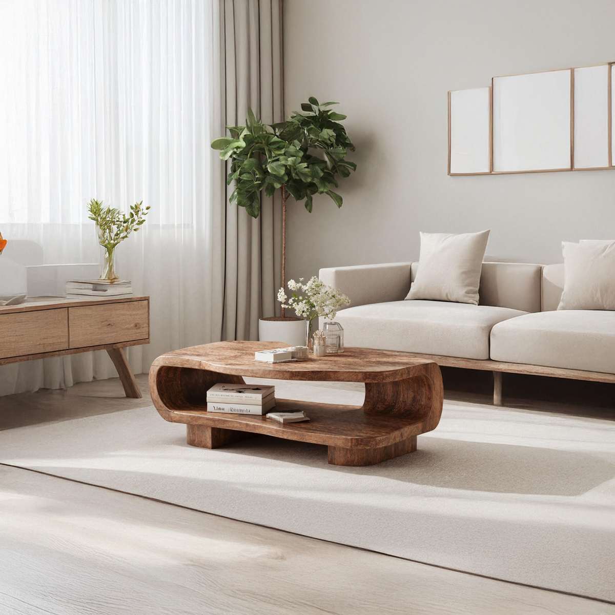 Farmhouse Coffee Table, Low Solid Wood Centerpiece in Warm Brown