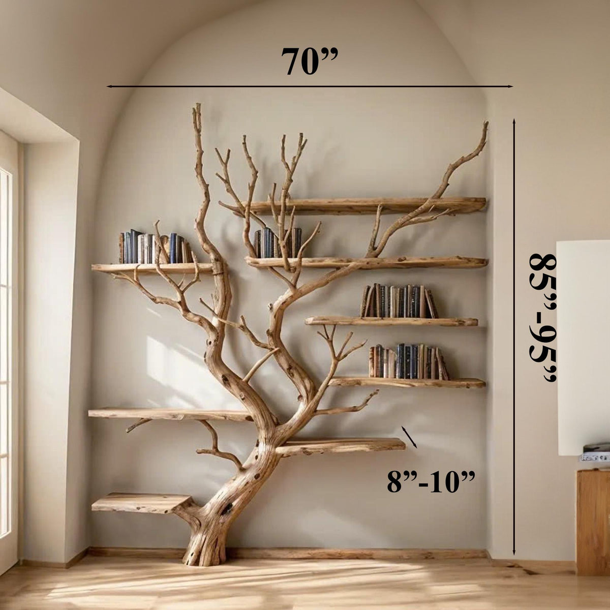 Tall Tree Bookshelf, Wall Mount Solid Wood Bookcase with Branches