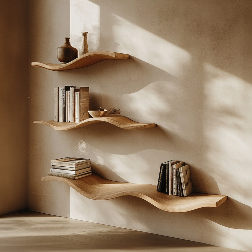 Custom Wavy Floating Shelves, Natural Wood Wall Shelf for Living Room