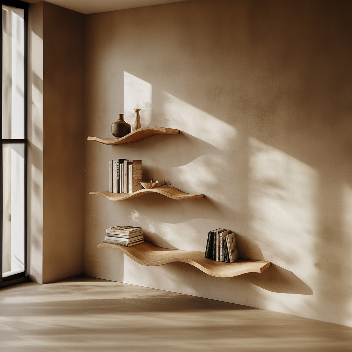 Custom Wavy Floating Shelves, Natural Wood Wall Shelf for Living Room