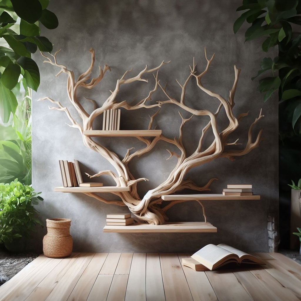 Rustic Tree Bookshelf, Driftwood Style Wall Shelf for Home Office