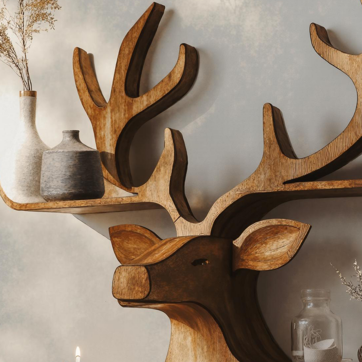 Farmhouse Wooden Deer Shelf For Rustic Wall Display