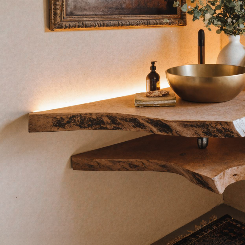 Live Edge Wood Corner Bathroom Vanity Shelf