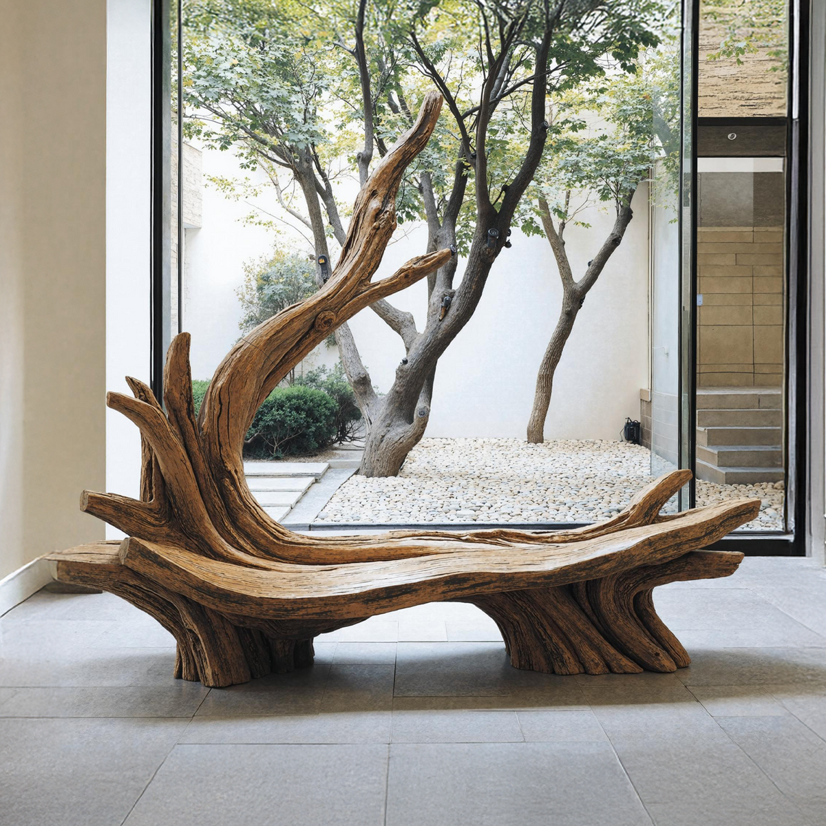 Live Edge Branch Bench, Sculptural Solid Wood Patio and Entryway Bench