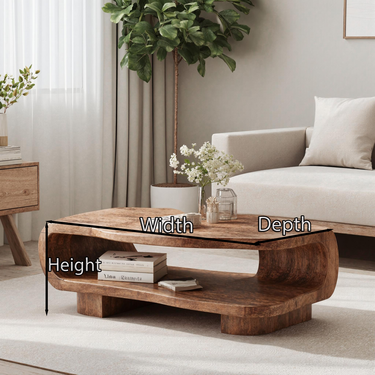 Farmhouse Coffee Table, Low Solid Wood Centerpiece in Warm Brown