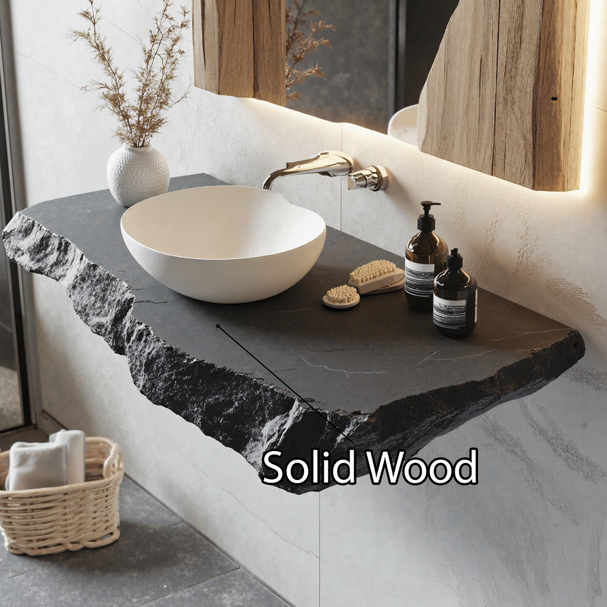Live Edge Floating Vanity Shelf, Chunky Wood Bathroom Countertop