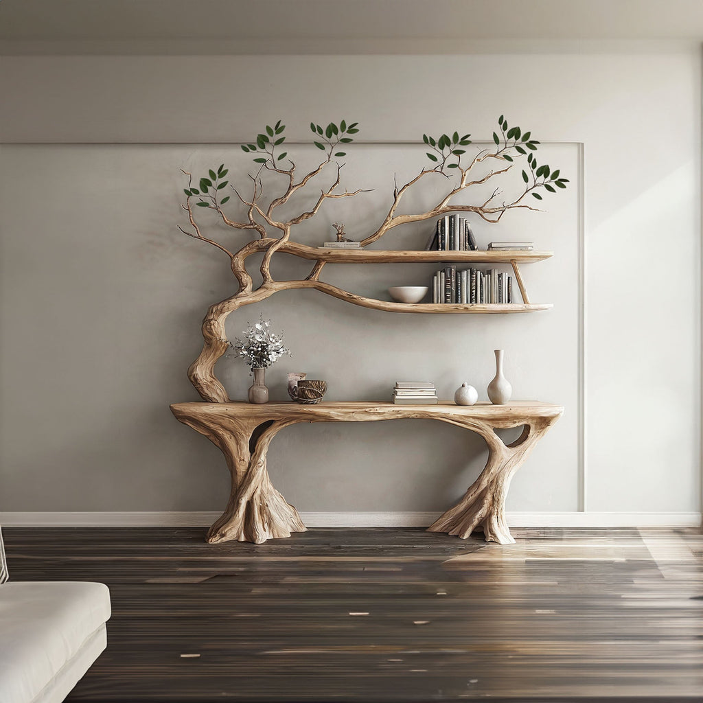 Console Narrow Table With Tree Branch Bookshelf