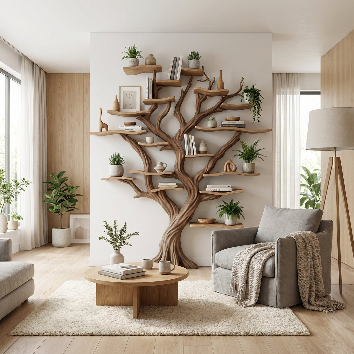 Tree Branch Bookshelf, Floating Solid Wood Wall Shelf Art