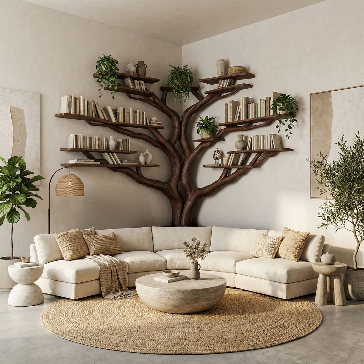 Tree Corner Bookshelf with L-Shaped Bench, Floating Wood Reading Nook