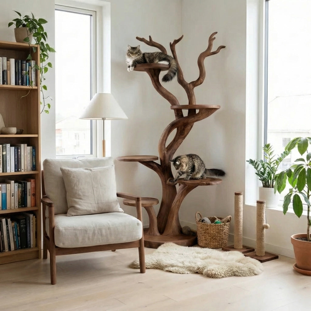 Wooden Cat Tree Tower, Large Modern Climbing Tree in Solid Wood