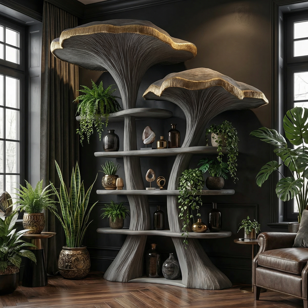 Mushroom Tree Bookshelf, Whimsical Wooden Nature Inspired Wall Shelf