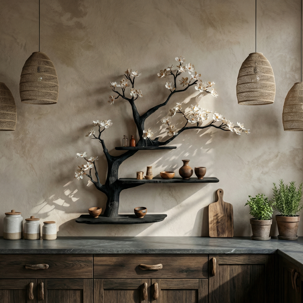 Tree Bookshelf Wall Rack, Modern Rustic Solid Wood for Living Room