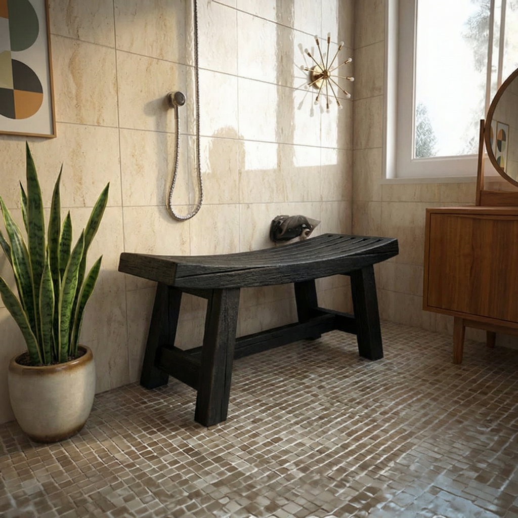 Spa Bench, Mid Century Solid Wood Bathroom Seat and Entryway Bench