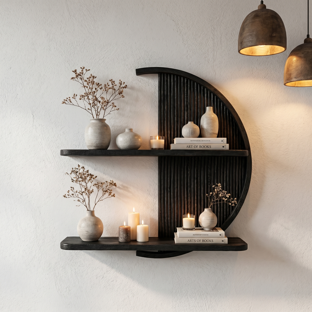 Half Round Floating Shelf, Slatted Wood Wall Display Shelf