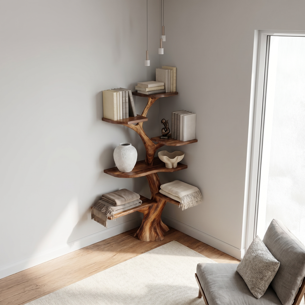 Corner Tree Bookcase, Tall Wall-Mounted Branch Shelf for Living Room