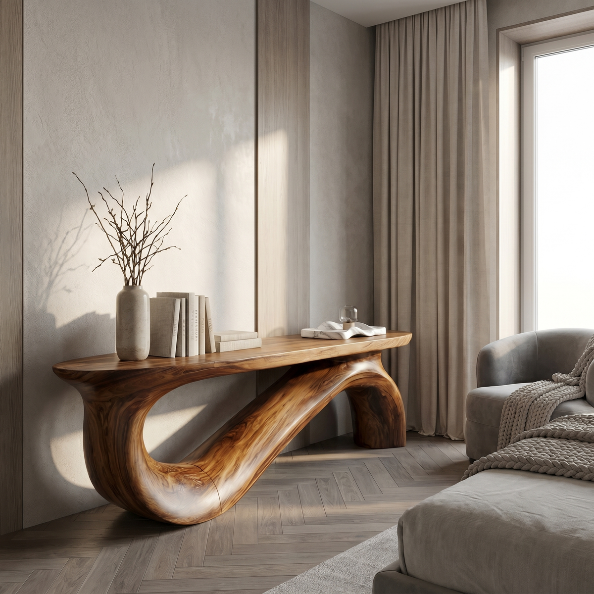 Sculptural Console Table, Wave Base Solid Wood Entryway Accent Table