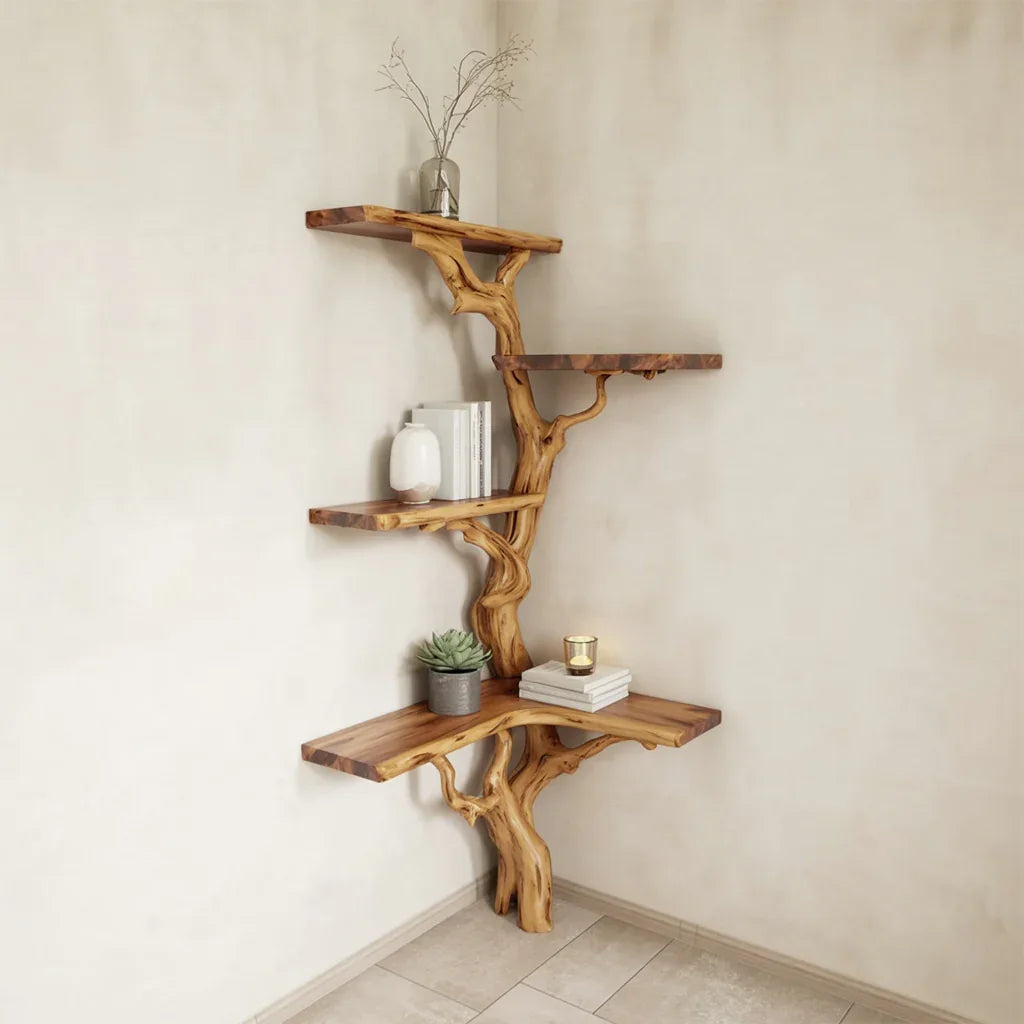 Handcrafted Tree Branch Corner Bookshelf