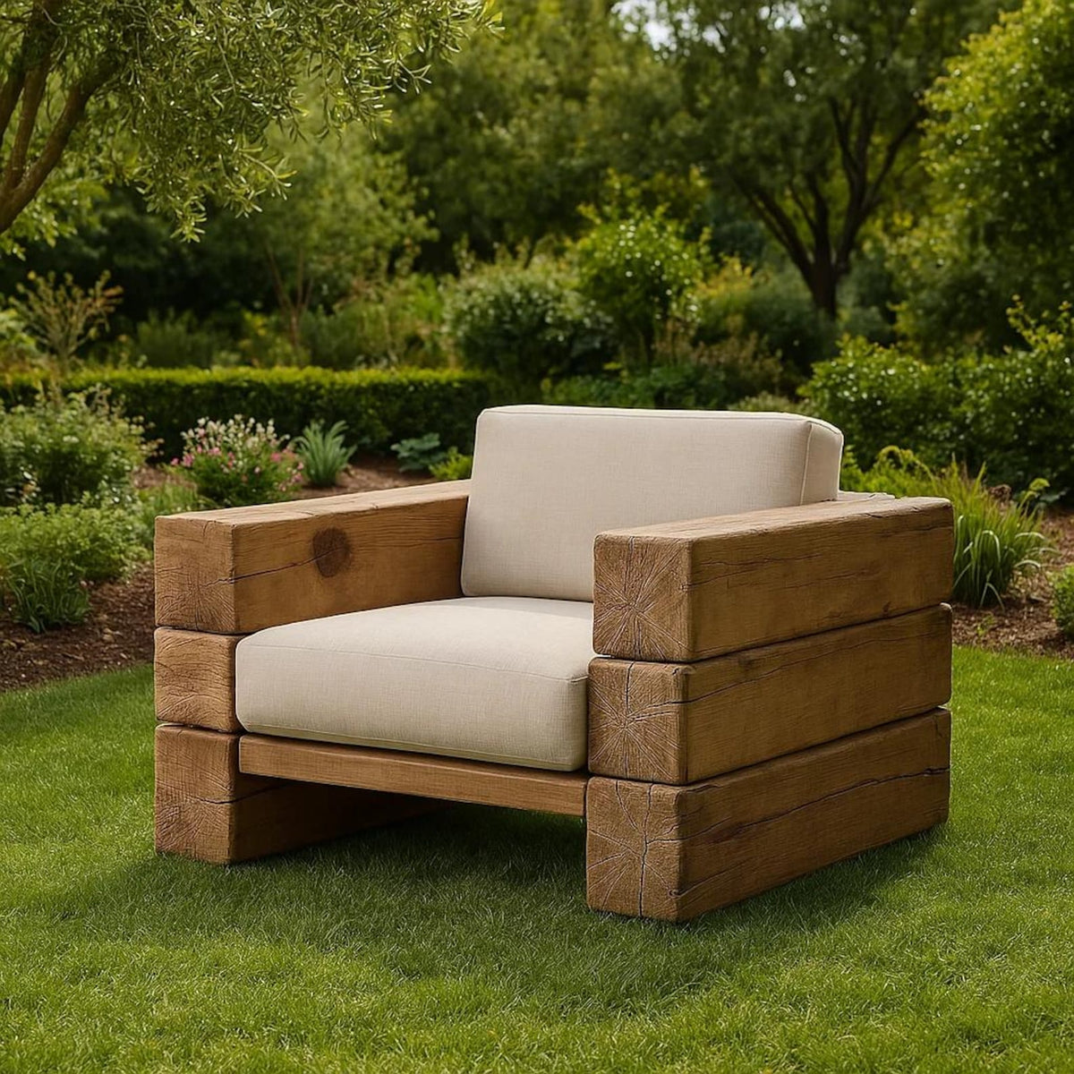 Rustic Wood Patio Sofa Set, Sculpted Garden Chairs and Lounge Seat