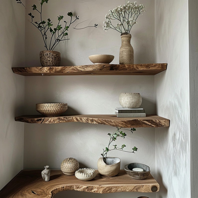 Live Edge Walnut Floating Shelf, Rustic Solid Wood Wall Shelf