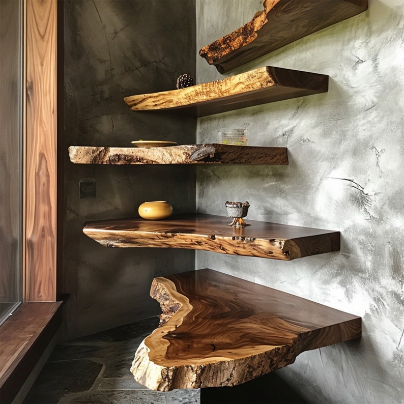 Walnut Live Edge Floating Shelf, Dark Wood Minimalist Wall Shelf