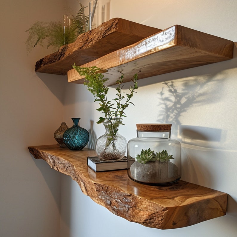 Walnut Live Edge Shelf, Dark Wood Floating Wall Shelf for Décor