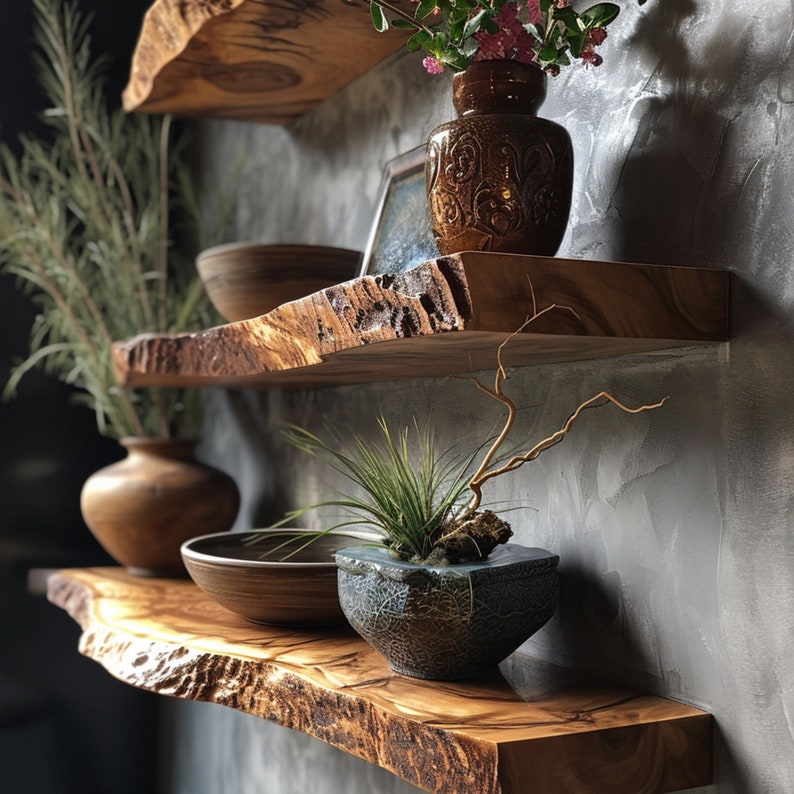 Walnut Live Edge Shelf, Dark Wood Floating Wall Shelf for Décor