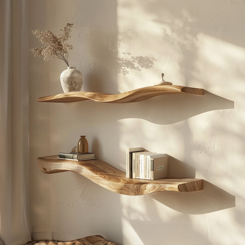 Wavy Wooden Floating Shelves, Natural Wood Wall Shelf for Living Room