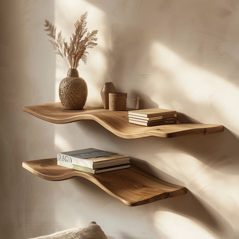 Wavy Wooden Floating Shelves, Natural Wood Wall Shelf for Living Room