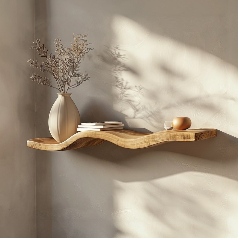 Wavy Wooden Floating Shelves, Natural Wood Wall Shelf for Living Room